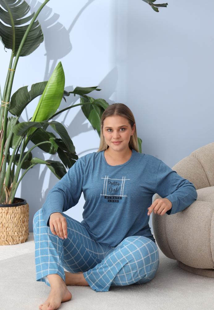 Pijama Dama ,Big Size ,'Prety Gyrl" cu Pantloni si Maneca lunga, Culoare Albastru,Engros